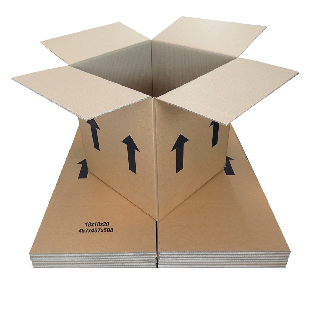 Large corrugated box with upright arrows on a stack of flat boxes marked 18x18x20 and 457x457x508, sized for shipping monitors and speakers.