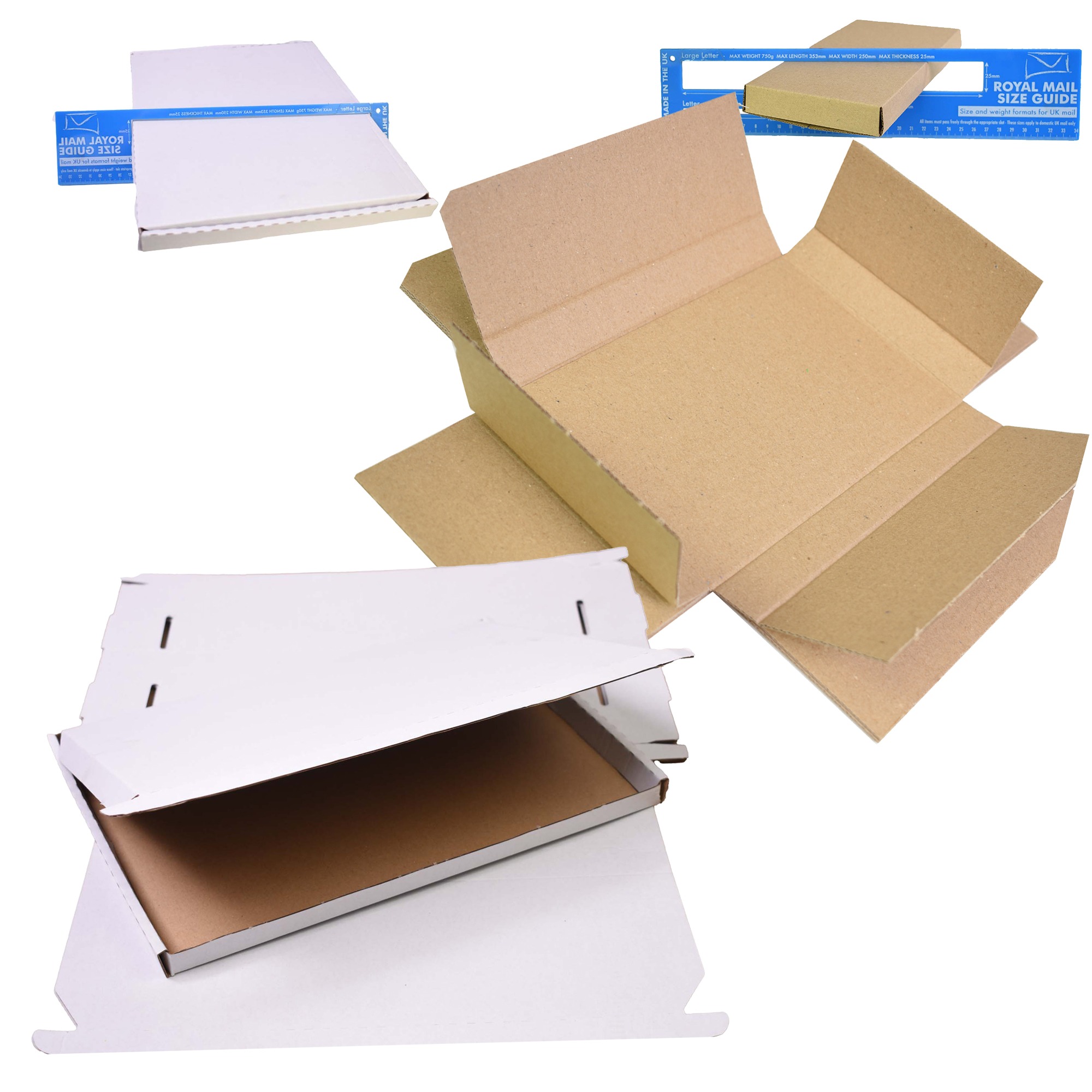 White and brown large letter boxes checked against blue Royal Mail Size Guide gauges, confirming they fit the large letter format.