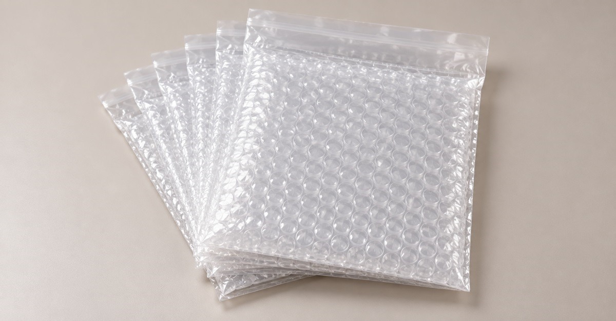 Clear bubble wrap pouches with sealing lips fanned out on a table, ready to be matched against prints and small artwork.