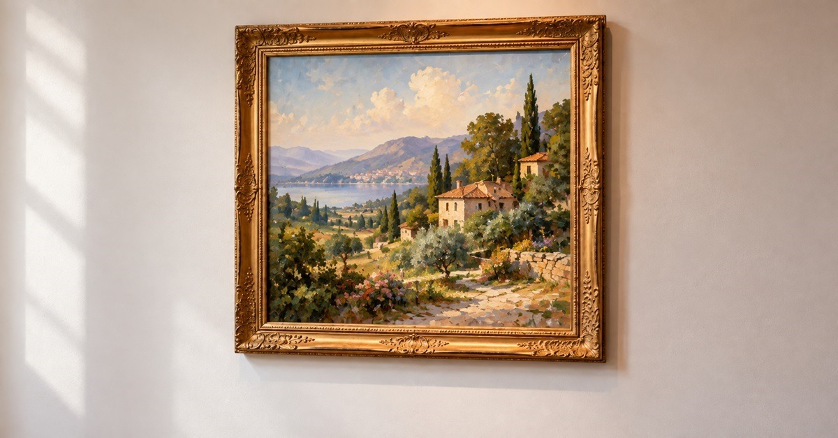 Landscape painting in an ornate gilt frame, showing how a decorative frame increases the size of the bubble pouch a piece needs