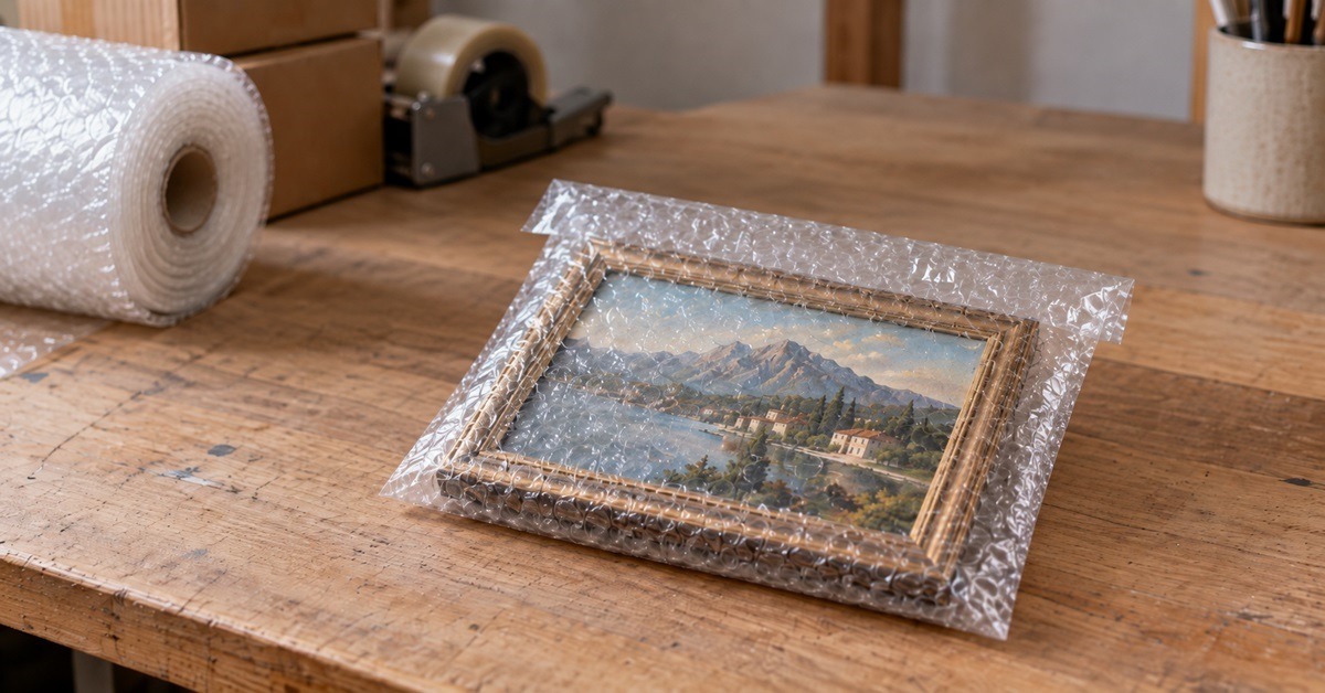 Small framed painting inside a clear bubble wrap bag.