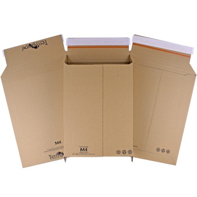 Three Tenvolope M4 recycled corrugated M-envelope boxes with peel and seal strips, used for posting books and gift sets.