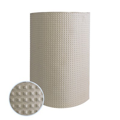 Roll of paper bubble wrap with a close-up of its raised embossed texture, a plastic-free cushioning alternative to bubble film.