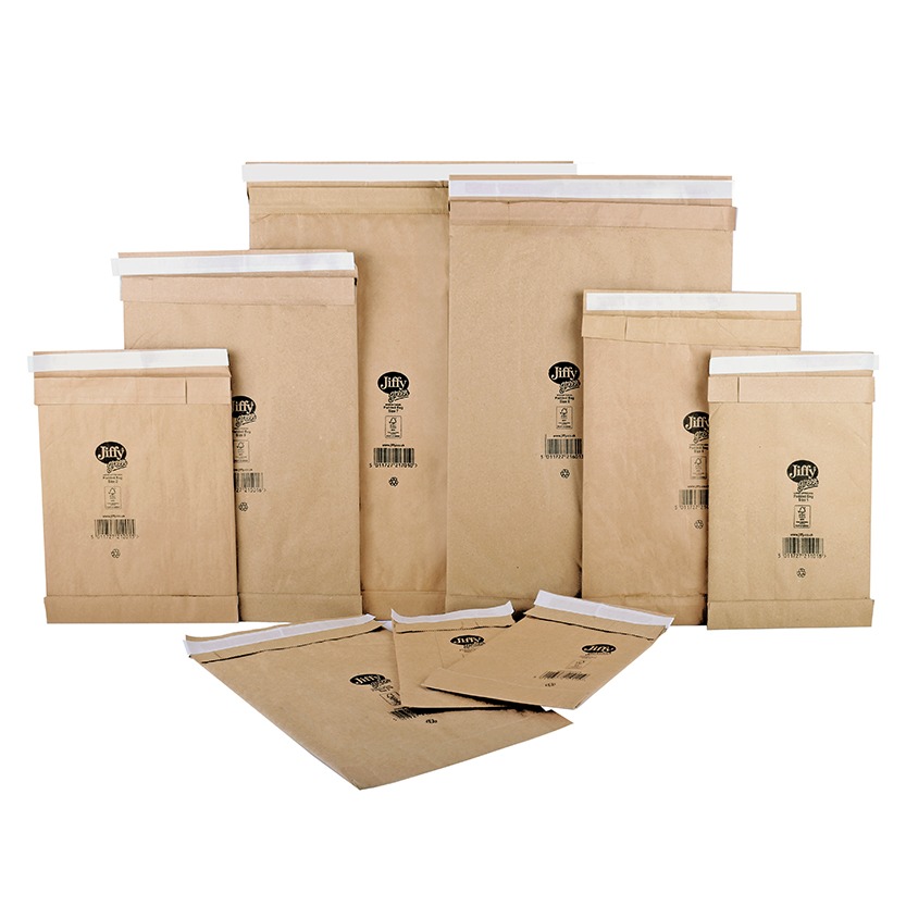 Range of Jiffy Green padded paper bags in different sizes, offering recyclable cushioning for small parcels.