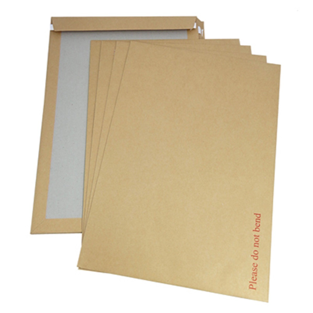 Brown board-backed envelopes printed with Please do not bend, with rigid card backing to keep flat prints straight.