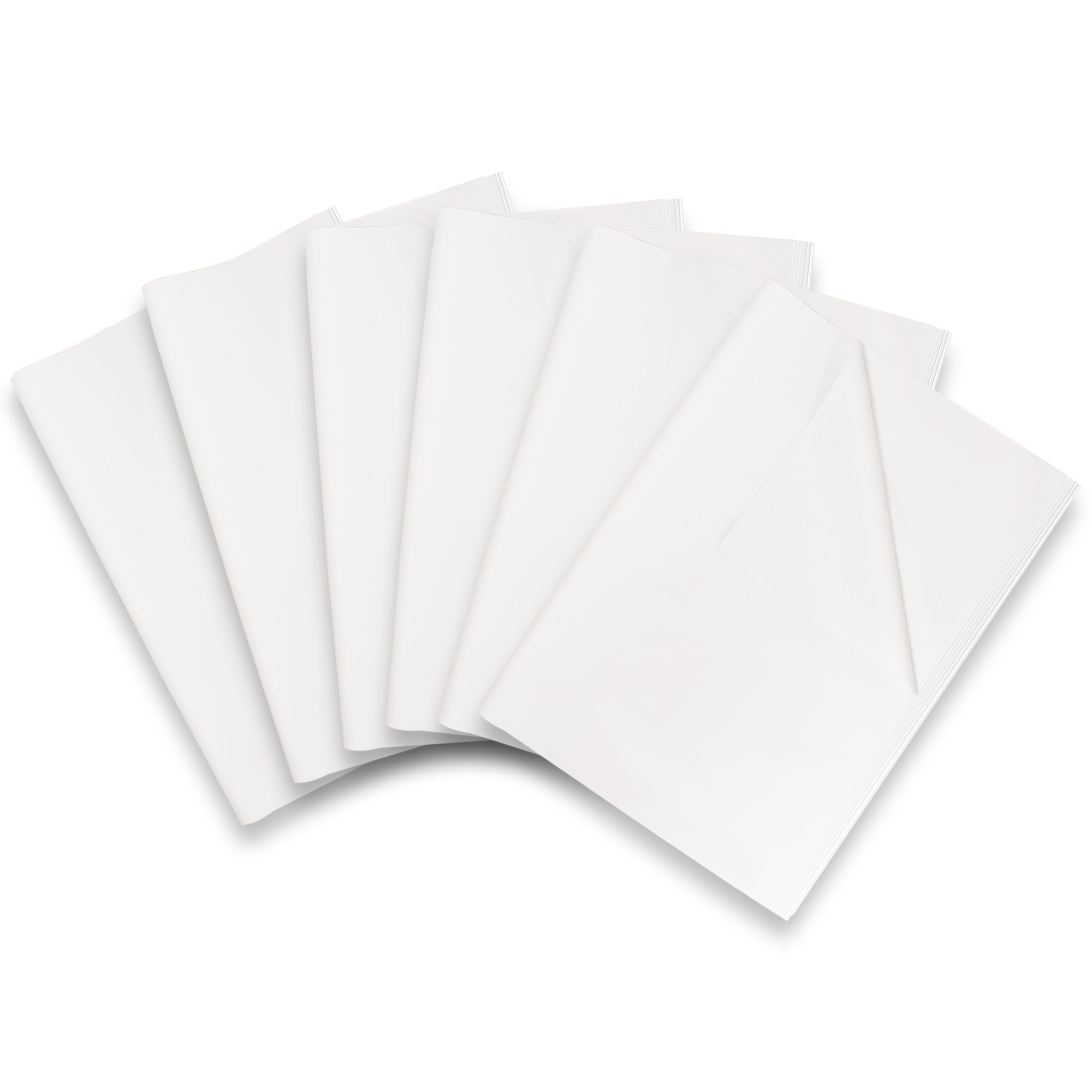 Fanned sheets of white acid-free tissue paper, placed directly against art prints to prevent rubbing and scuffs.