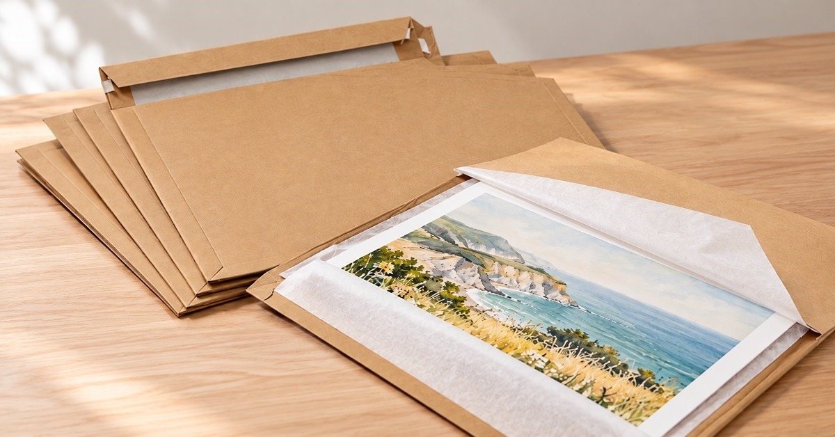 Watercolour art print wrapped in acid-free tissue inside a board-backed envelope, a plastic-free way to post flat prints.