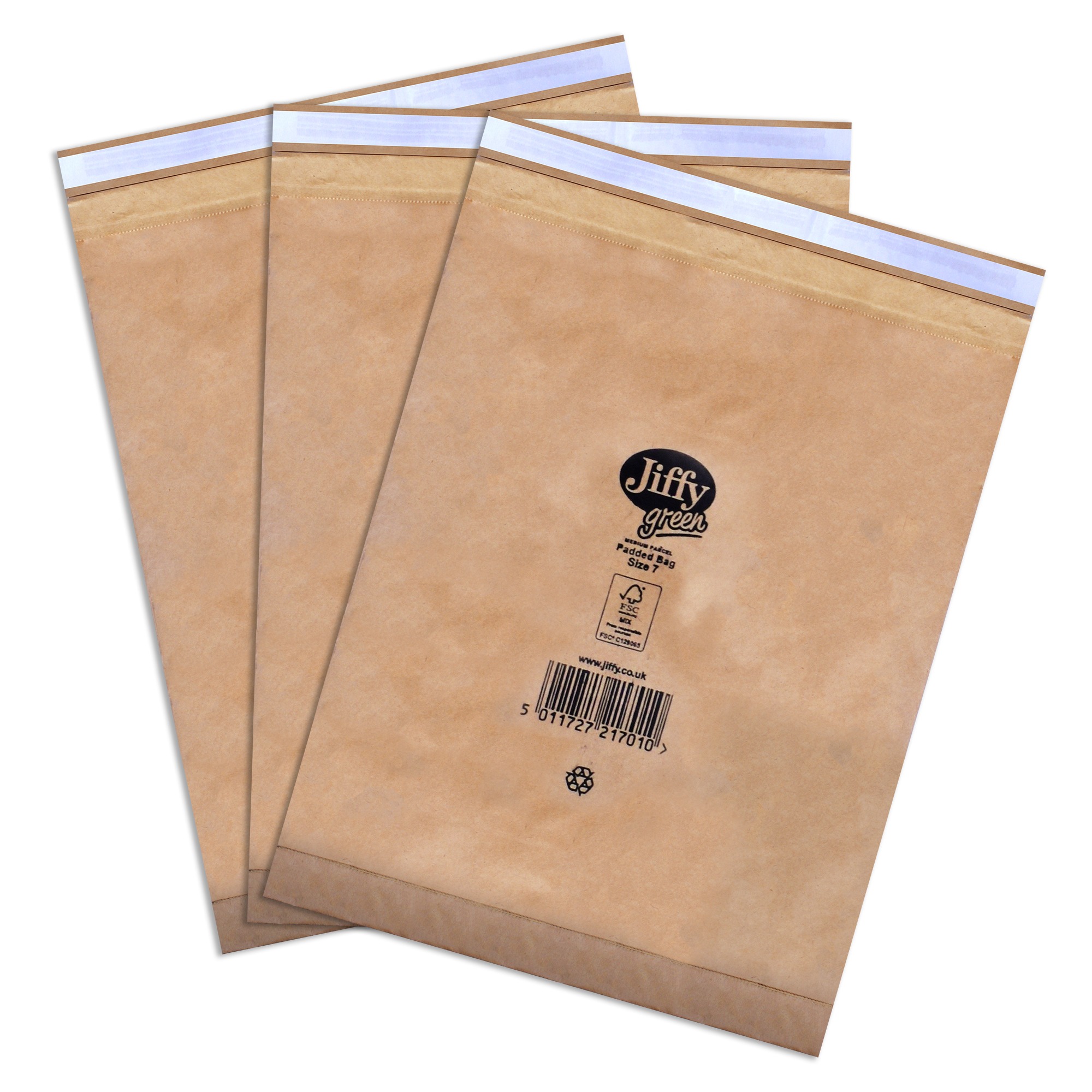 Three Jiffy Green padded paper bags with an FSC logo, a paper-based mailer for small prints and art cards.